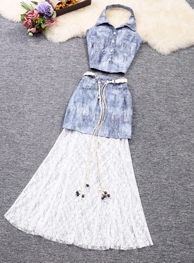 实拍夏季女装挂脖露背单排扣上衣蕾丝拼接半身裙露脐牛仔两件套装