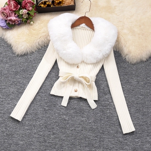 针织毛线上衣 百搭短款 实拍秋冬女装 可拆卸毛毛领单排扣系带打底衫