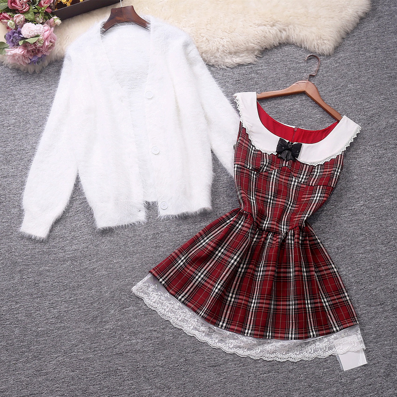 实拍秋冬季女装温柔风针织毛衣外套荷叶领格子连衣裙甜美两件套装