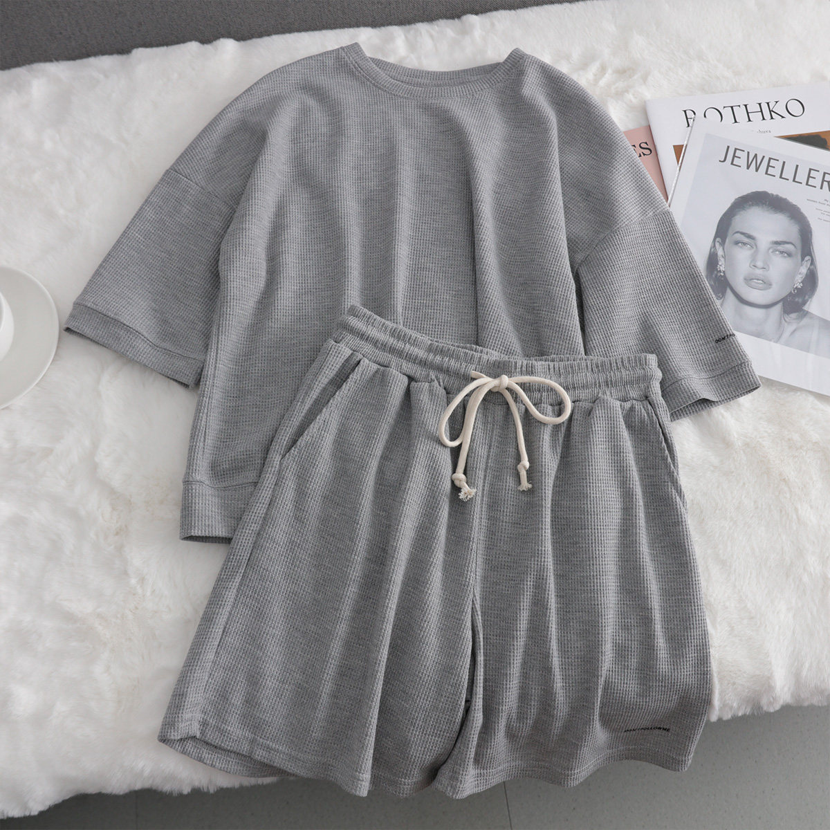 纯色华夫格短袖卫衣短裤套装女夏韩版宽松时尚百搭休闲运动两件套