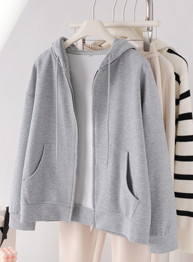 灰色连帽拉链开衫卫衣女春秋天新款大学生宽松运动休闲单层薄外套
