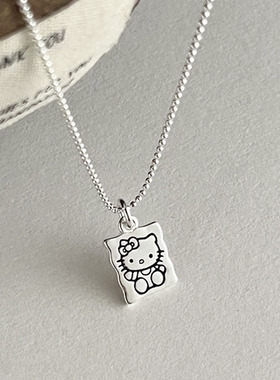 云尚服饰925纯银方牌猫咪项链女亮银色简约可爱甜美卡通童趣锁骨