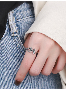 云尚服饰s925纯银立体玫瑰花钩针带线开口戒指女