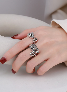 云尚服饰 S925纯银 生肖虎戒指 虎虎生威钩针带线开口戒指
