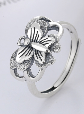 云尚服饰S925纯银复古做旧创意立体镂空蝴蝶钩针带线文艺开口戒指