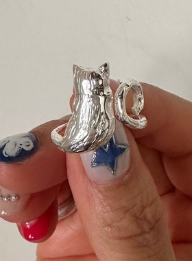 云尚服饰设计师INS风格925纯银戒指 个性百搭小猫钩针带线款女戒