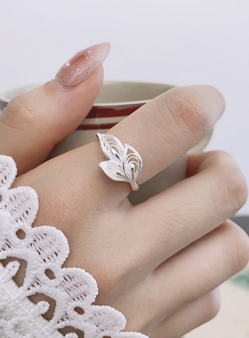 云尚服饰S925纯银树叶花纹戒指可调节韩版轻奢指环食指戒