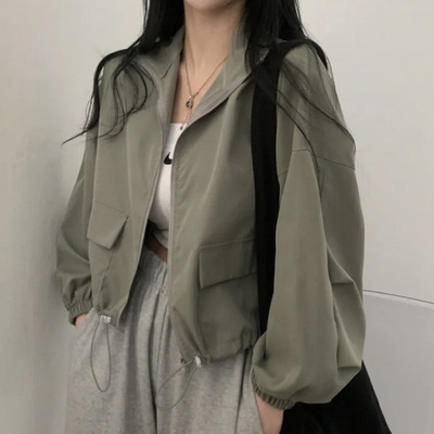 春夏薄款防晒防风时尚复古百搭工装抽绳短款棒球服夹克上衣外套