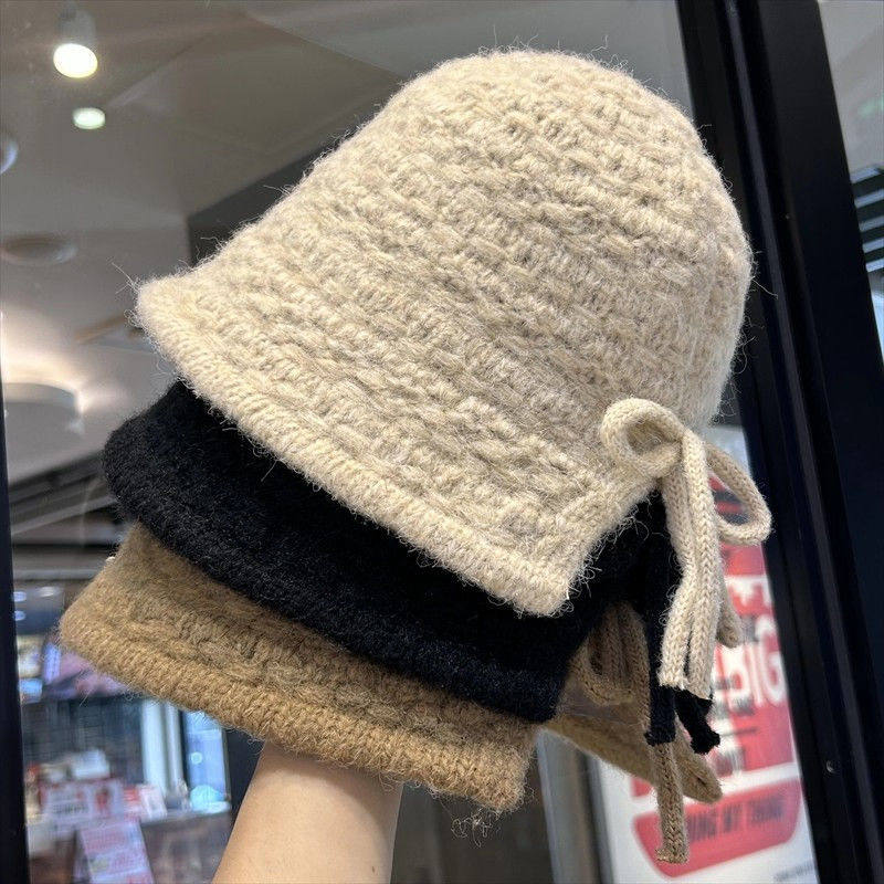 韩版手工蝴蝶结针织渔夫帽女秋冬季百搭纯色水桶帽保暖护耳毛线帽