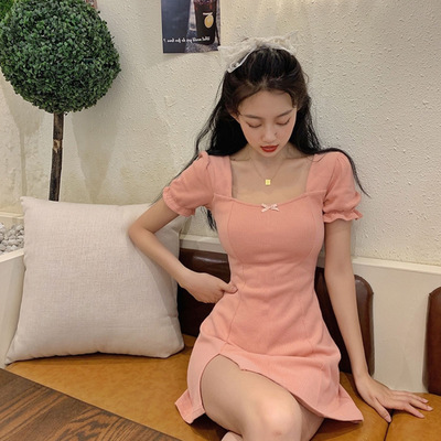 仙女范森系短裙女夏季新款小个子方领收腰气质显瘦连衣裙