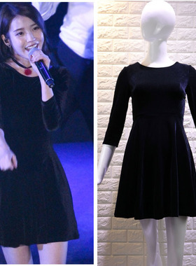 春夏IU李智恩同款黑色金丝绒天鹅绒修身打底连衣裙复古赫本小黑裙