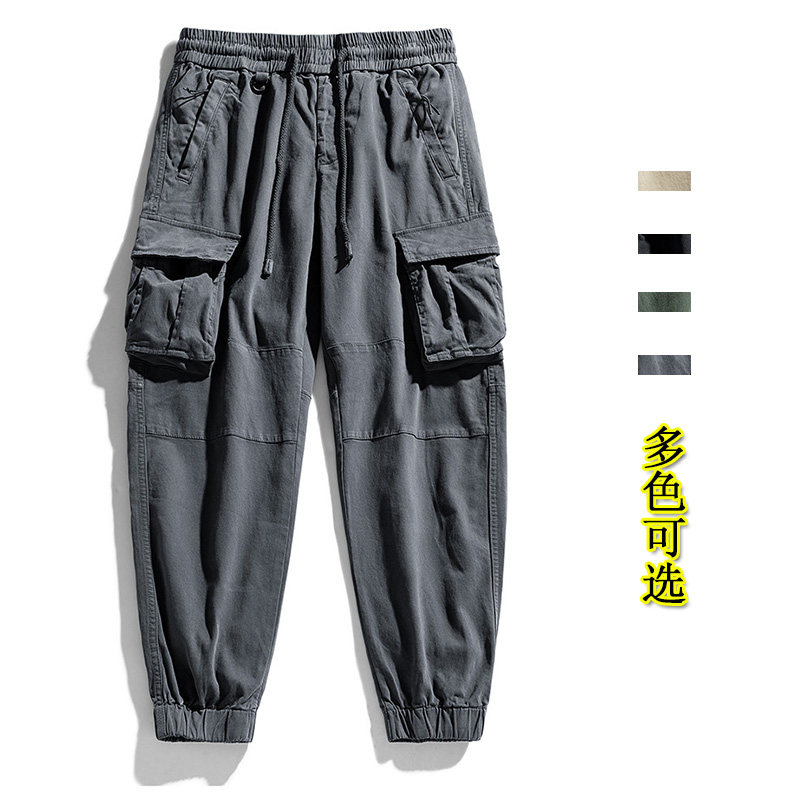 日式工装裤男束脚工装休闲裤松紧腰工装多口袋长裤潮牌余文乐夏季