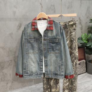 设计感拼接格子领假两件牛仔夹克男做旧洗水宽松高街潮牌工装 外套