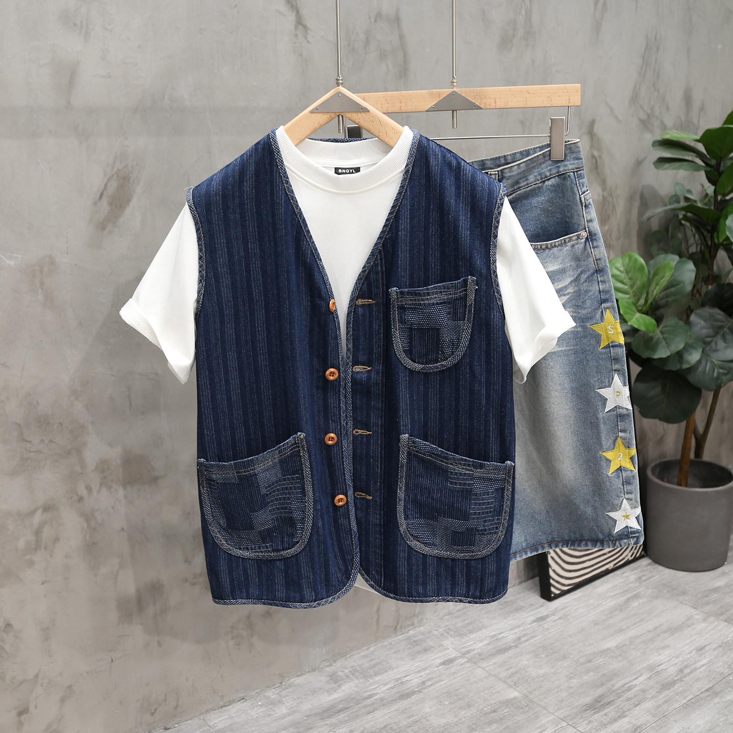 日系复古多口袋V领牛仔马甲外套男女同款宽松潮牌原宿风条纹坎肩