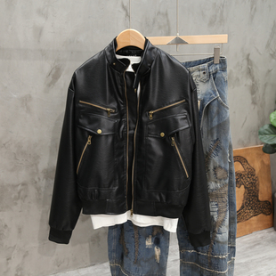 高级感荔枝纹拉链口袋立领PU皮衣外套男士短款痞帅多口袋机车夹克
