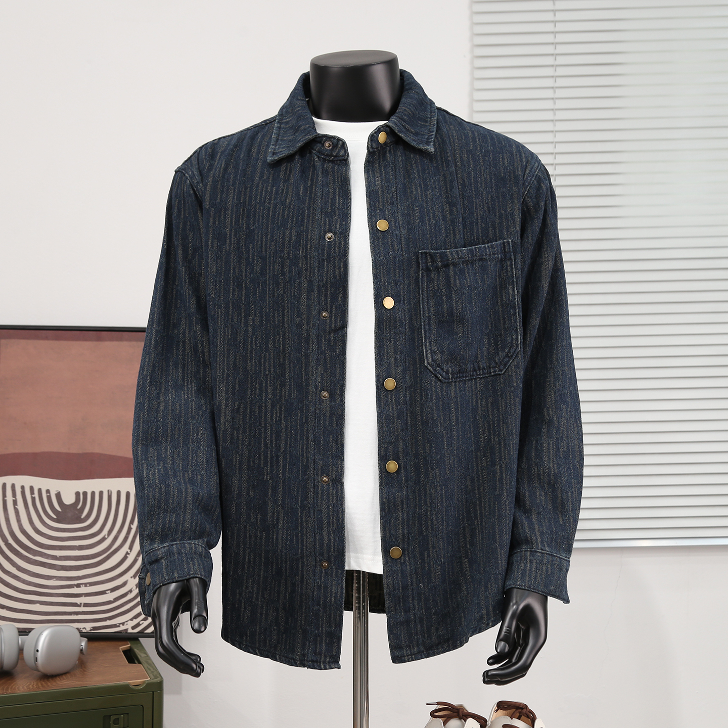 秋冬新款复古提花口袋金属扣牛仔夹克男款潮牌原宿风宽松工装外套