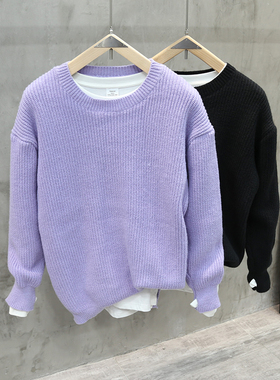 秋冬加厚紫色圆领毛衣男宽松胖子针织衫ins韩版潮流慵懒线衣外套