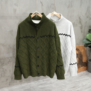 墨绿色半高领菱形提花复古老钱风开衫毛衣男士休闲宽松针织衫外套