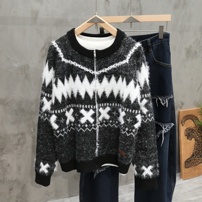 马海毛费尔岛毛织拉链开衫毛衣男