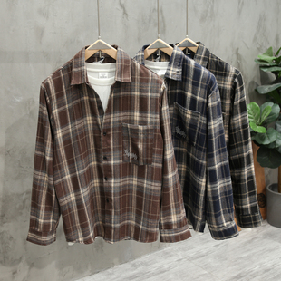 复古刺绣磨毛格纹长袖衬衫男女款春秋款休闲日系潮牌格子衬衣外穿