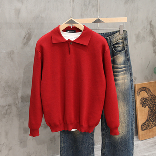 大红色本命年过年喜庆翻领POLO套头毛衣男潮流休闲针织衫打底上衣
