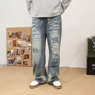 复古高街痞帅水洗浅蓝色破洞补丁乞丐裤牛仔裤男嘻哈直筒宽松长裤