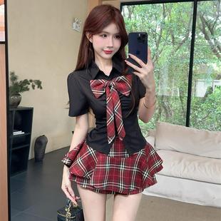 辣妹学院风jk制服套装 裙纯欲两件套 夏季 蝴蝶结收腰衬衣显瘦格子裤
