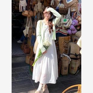 茶歇法式 甜美初恋小清新吊带长裙子 温柔风白色无袖 连衣裙女早春款