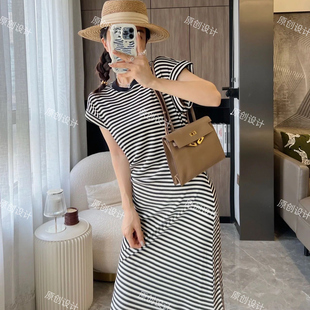 立裁开叉镂空显瘦 夏季 新款 条纹连衣裙女修身 气质甜美休闲百搭短袖