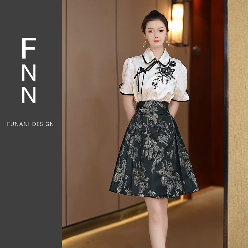 芙娜妮新中式国风马面裙套装2024年夏季新款小个子两件套F2411433 女装/女士精品 时尚套装 原图主图