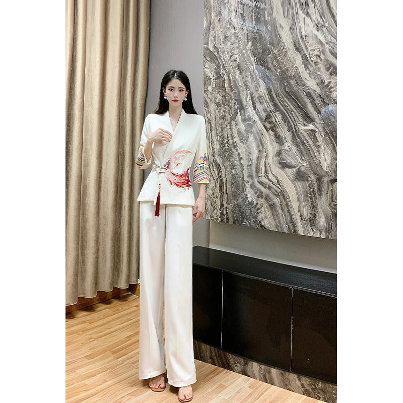 芙娜妮国潮新中式凤凰刺绣盘扣西装2023高级感阔腿裤套装F2313332