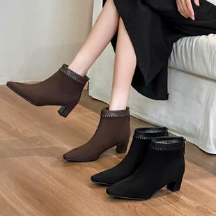 一代佳人3公分短靴后拉链绒面瘦瘦靴舒适秋冬新款时尚百搭26B5060