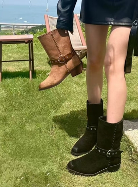 两穿西部靴4公分尖头皮带扣粗跟套筒短靴时尚高筒靴女欧美风26315