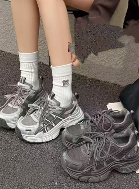 左她专柜冬新款时尚厚底加绒老爹鞋百搭显瘦系带灰色休闲鞋762380