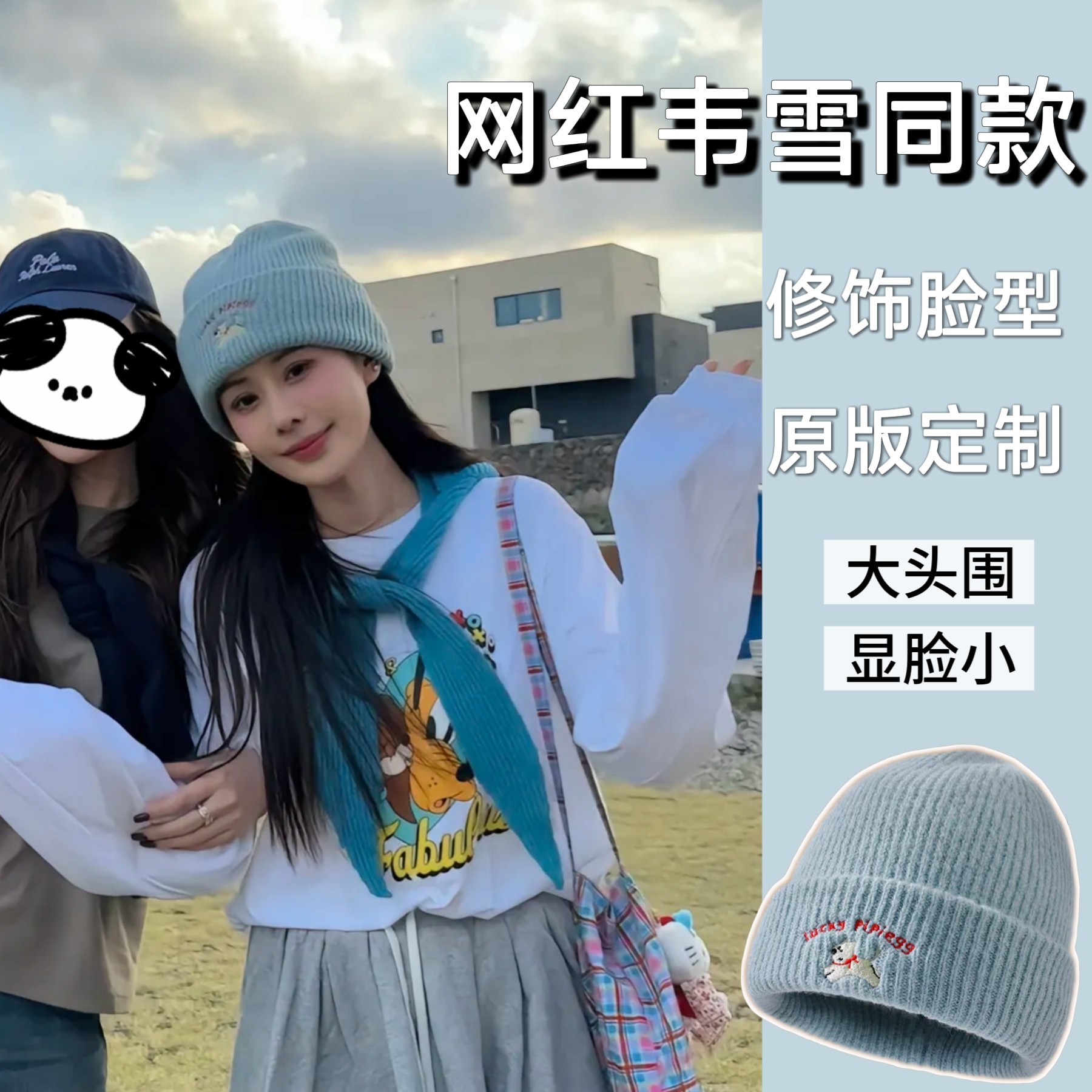 网红韦雪同款韩系小狗刺绣大头围针织帽显脸小双层加厚秋冬毛线帽