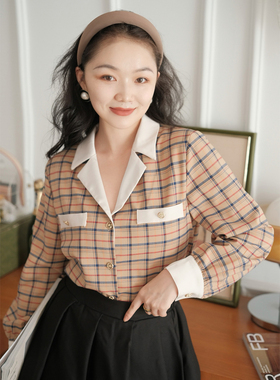 清仓不退换 复古格纹拼接撞色翻领长袖法式通勤百搭女衬衫上衣