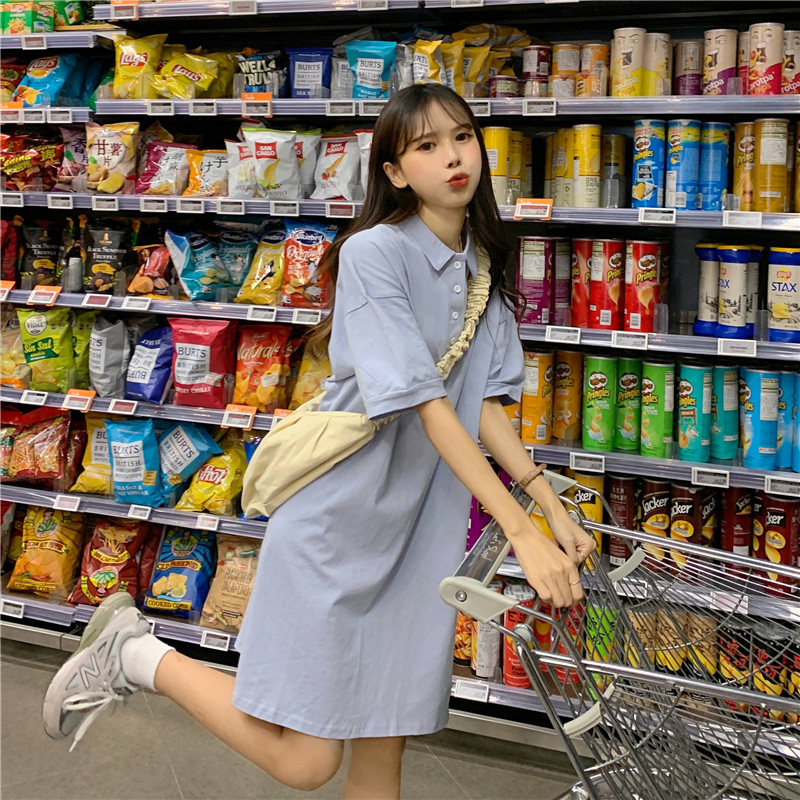 Photo of summer new polo collar T-shirt skirt loose short sleeve dress women's lower body missing lazy skirt