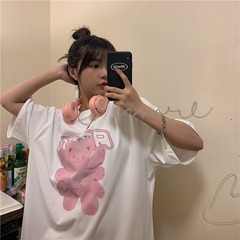 實拍短袖T恤女新款圓領寬鬆港味百搭印花上衣