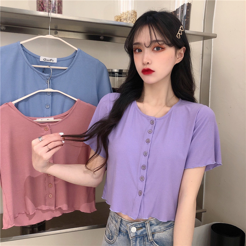 實拍短袖恤女韓版超火網紅短款高腰露臍上衣潮