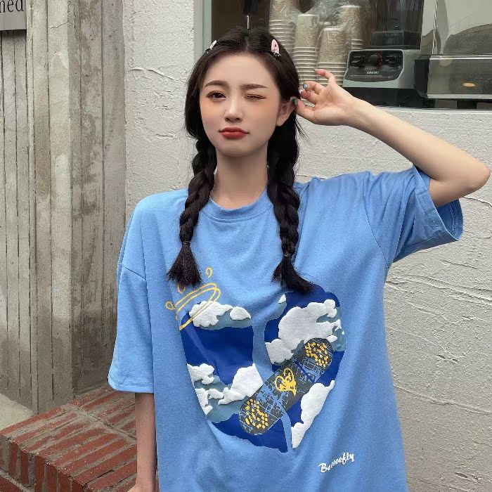 Real shot short sleeve T-shirt women's mid length foam printing