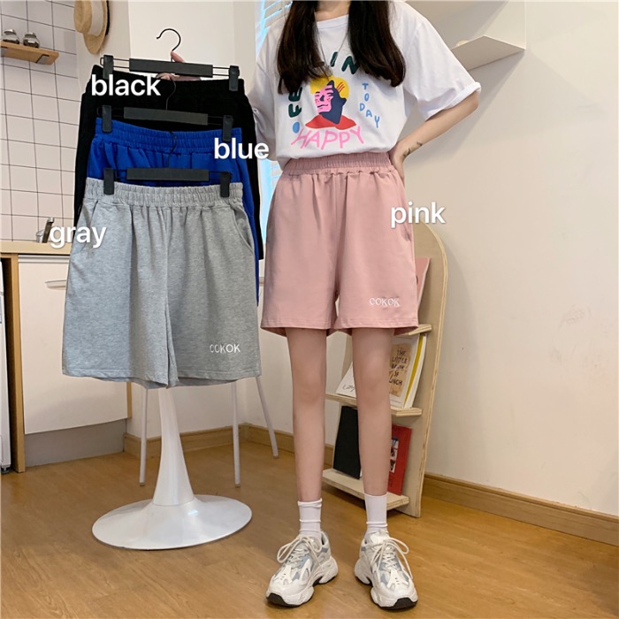 Real shot of Korean new loose high waist leisure wide leg sports shorts for women