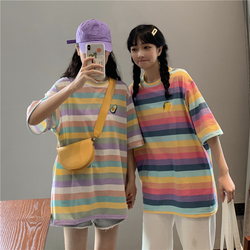 實拍中長款彩虹條紋水果刺繡恤女短袖夏寬鬆韓版閨蜜裝