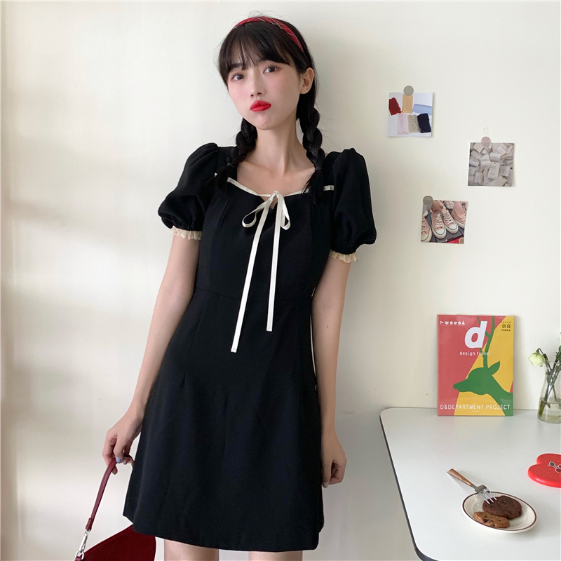 Real French retro sweet bow chiffon dress women's summer temperament gathered waist bubble sleeve word skirt