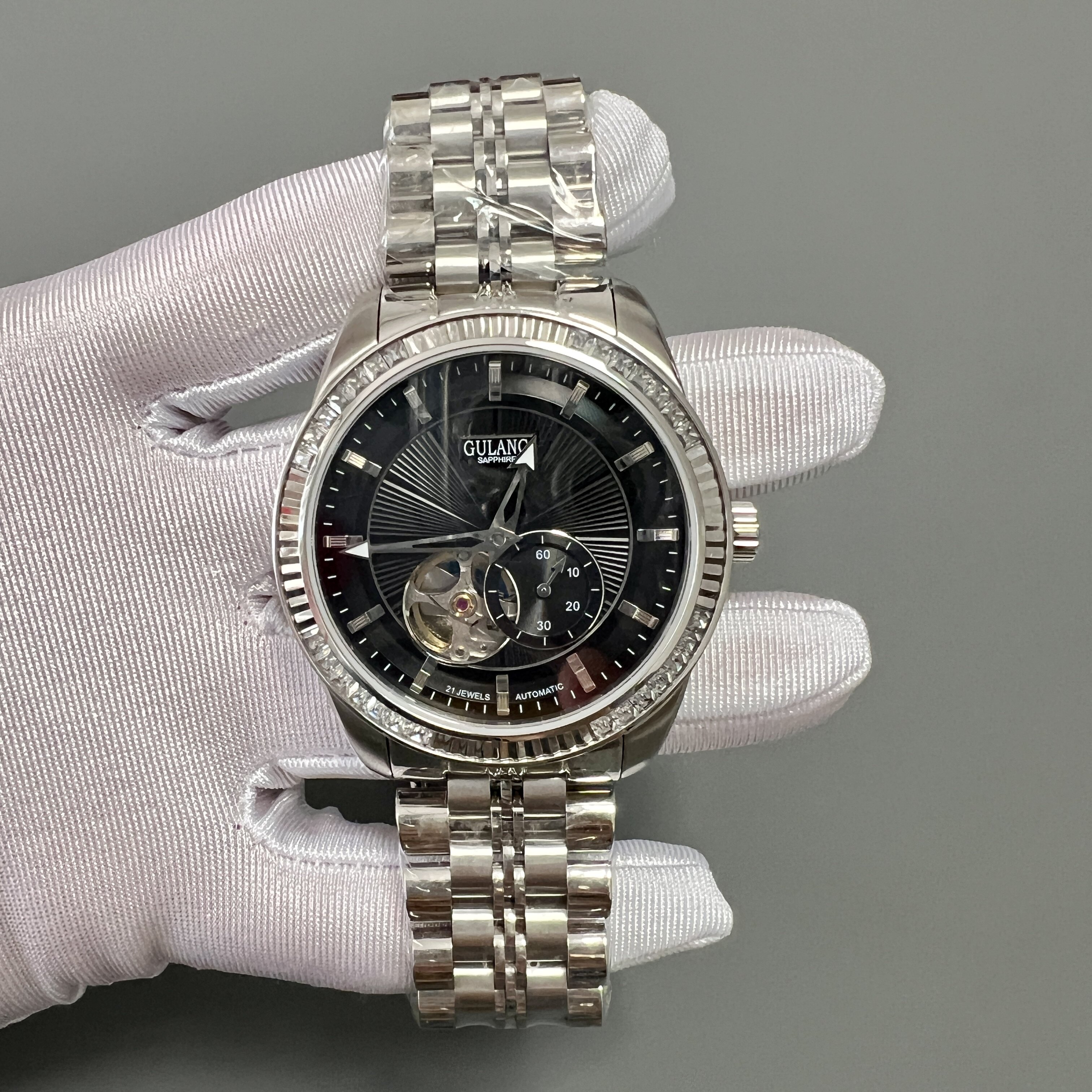 正品古浪品牌全自动机械男表时尚镶钻镂空黑盘钢带防水表商务