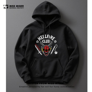 连帽衫 怪奇物语第五季 圆领长袖 日式 地狱火俱乐部卫衣男女打底衫