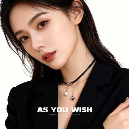 ASYOUWISH 小众甜酷个性珍珠皮革锁骨链轻奢时尚高级感简约项链女