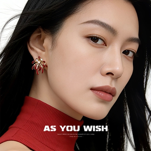 ASYOUWISH 耳饰 珐琅滴釉酒红锆石烟花耳钉轻奢高级感新年氛围时尚