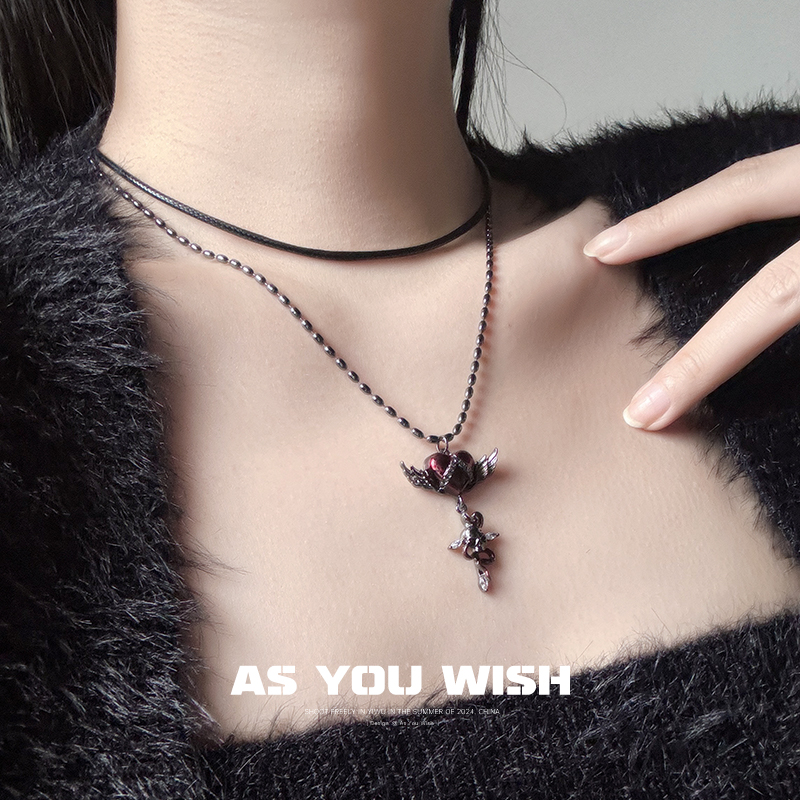 暗黑叠戴爱心翅膀项链