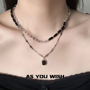 ASYOUWISH 小众设计黑宝石双层项链中性百搭轻奢锁骨链甜酷颈链女