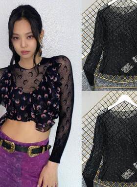 jennie金智妮同款月亮网纱打底衫女长袖透视t恤blackpink打歌服